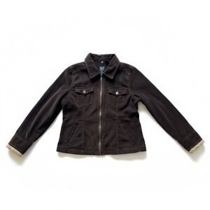 French Cuff Corduroy Jacket Chocolate Brown Zip Front Collared Sherpa Cuff Sz L